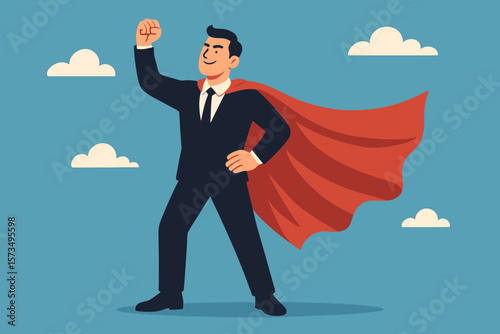 Businessman superhero metaphor. Confidence and success concept. Leadership and strength. Ambitious worker with courage to win. Outstanding employee getting job done. Powerful hero.