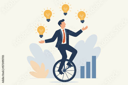 Business creativity and innovation concept. Skillful multitasking businessman riding unicycle, juggling lightbulb ideas for success and growth. Metaphor for skill and ideas.
