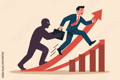 Businessman pushed by his own shadow to overcome fear and achieve success. Metaphor for ambition, determination, courage, inner drive, and overcoming personal challenges.