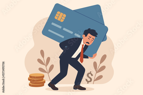 Credit card debt financial problem concept. Frustrated businessman carry heavy credit card. Money trouble loan obligation. Over spending expense despair metaphor illustration.