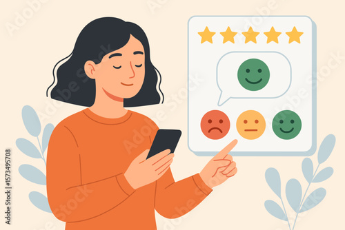 Customer experience, CX, UX user experience. Feedback, comment, opinion on product, service. User satisfaction, positive five star rating. Client with phone gives review.