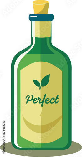 Green Glass Bottle of Perfect Organic Oil,  Natural Product,  Healthy Lifestyle,  Vector Illustration on white background