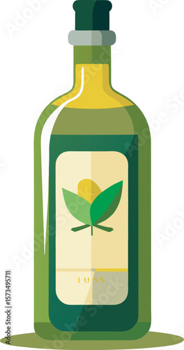 Olive Oil Bottle: Flat Design, Green, Fresh, Healthy, Natural Product, Minimalist Style,  Food and Beverage,  Cooking Ingredient,  Vector Illustration. on white or transparent PNG background