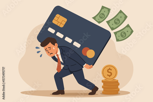 Credit card debt financial problem concept. Frustrated businessman carrying heavy card. Loan obligation, overspending, expense. Money trouble, despair, crisis metaphor vector.