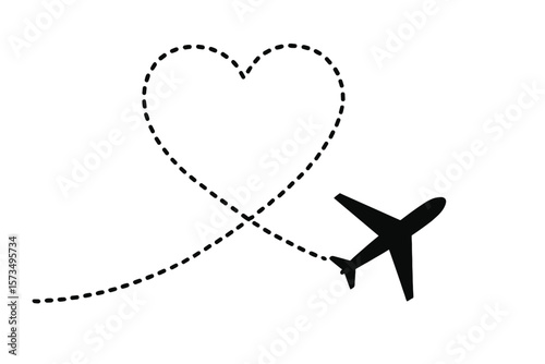 Airplane flying with a heart-shaped trail. Plane symbol with a dotted line route. Design for travel, honeymoon, holiday. Love flight path. Vector icon isolated on white.