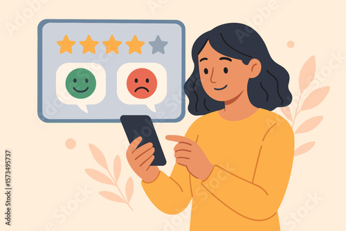 Customer experience concept. Woman gives rating and review on smartphone. User satisfaction survey, feedback and opinion on product. CX and UX design with happy and sad face.