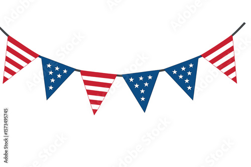 American flag bunting for decoration. USA triangular flags garland for party or patriotic event. Fourth of July celebration decor. US national holiday pennant banner vector.