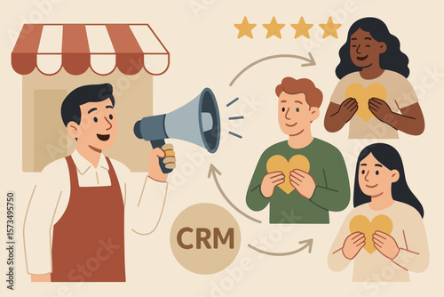 Customer loyalty and retention marketing strategy. CRM to increase sales and satisfaction. Store owner with megaphone communicating with happy return customers. Relationship marketing.