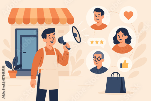 Customer loyalty and retention marketing strategy. CRM concept for increasing sales and satisfaction. Store owner with megaphone communicates with happy, loyal returning clients.