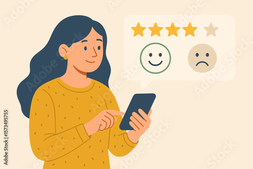 Customer experience concept vector. Woman giving online feedback and a four-star rating on a mobile phone. User satisfaction survey with positive or negative review. CX UX.