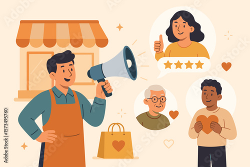 Customer loyalty and retention marketing strategy. CRM concept to increase sales and satisfaction. Store owner with megaphone announcing promotions to happy return customers.