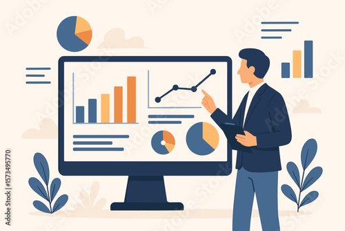 Data analytics concept. Businessman doing research. Analysis graph and chart diagram on computer screen. Statistics report for financial analysis. Marketing optimization.