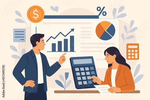 Data analysis for business strategy. Financial dashboard for accounting, corporate revenue, investment profit, tax and budget planning. Teamwork of business people concept.