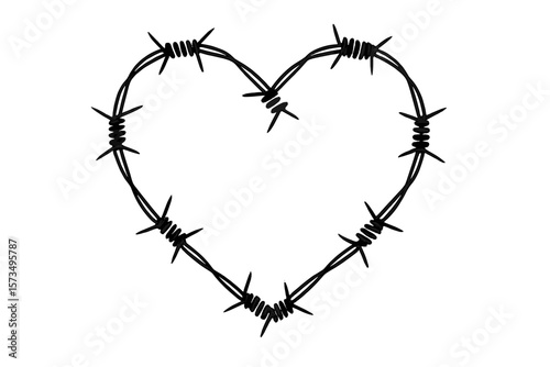 Barbed wire heart shape. Metaphor for painful, difficult, or forbidden love. Grunge style tattoo design element. Sharp protection boundary. Vector illustration on transparent background.