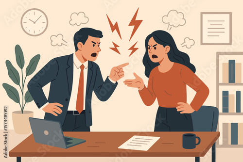 Office conflict and argument between business colleagues, workplace disagreement, stress, anxiety, fighting discussion, corporate dispute, problem solving, teamwork challenge