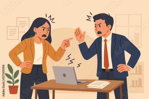 Office conflict concept with business colleagues arguing. Man and woman back to back with disagreement, dispute. Communication problem, work challenge, stress, relationship issue.