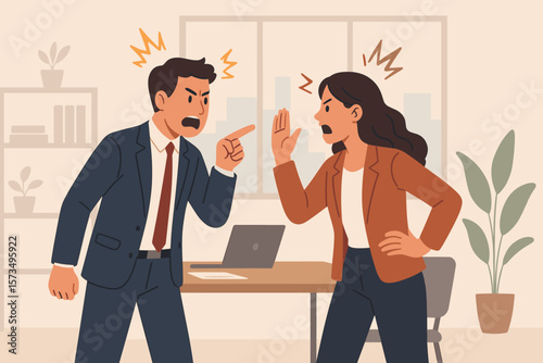 Office colleagues arguing, workplace conflict, business disagreement, stress, anxiety, heated discussion, teamwork problem, professional challenge, corporate tension, fighting concept