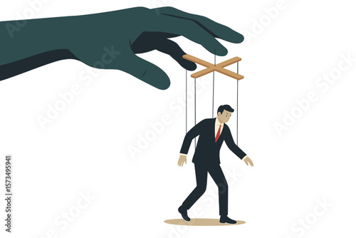 Manipulation control puppet marionette concept. Dominance, exploitation, authority, micromanagement, dictatorship, power abuse. Boss hand controlling businessman strings.