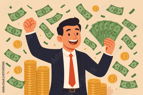 Successful businessman celebrating wealth, holding cash, surrounded by money, coins, and stacks of gold. Profit, investment, savings, income, salary increase, financial success concept