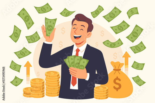 Successful businessman celebrating financial growth, holding cash, surrounded by flying money, gold coins, and money bag. Wealth, profit, investment, income, salary increase concept