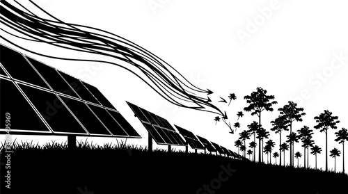 A stylized silhouette illustrates solar panels generating energy amid trees, promoting renewable power and environmental sustainability.