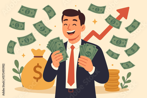 Earn money and make a profit from investment. Concept for savings, income or salary increase. Get rich and earn more wealth. Happy businessman millionaire holding cash.