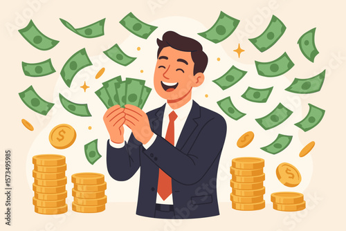 Wealthy businessman holding cash, surrounded by flying money and gold coins. Financial success, investment profit, income growth, salary increase, wealth accumulation, get rich concept