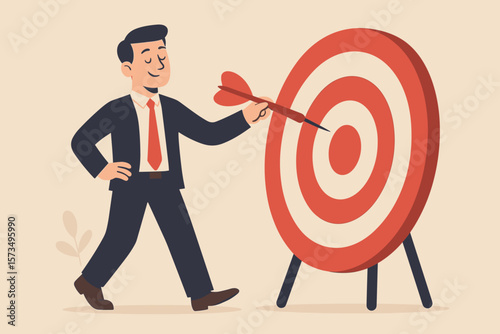Businessman easily achieves a business target. Confident man with skill hits the bullseye. Concept for marketing strategy, aiming for success, perfection, and objective.