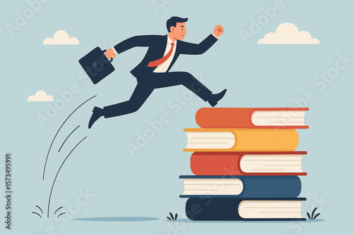 Ambitious businessman leaping over tall stack of books. Career growth, education challenge, knowledge acquisition, skill development, success, opportunity, wisdom, learning concept.