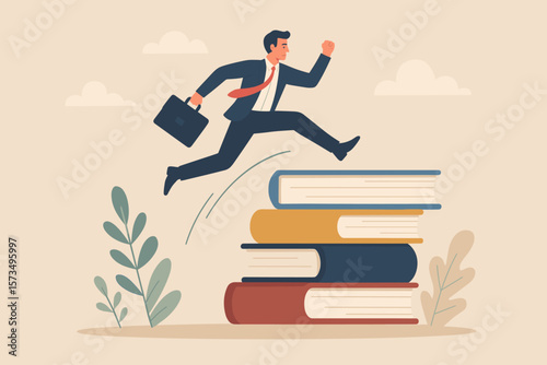 Businessman leaping over stacked books symbolizing career growth, education challenge, knowledge acquisition, studying new skills, wisdom, intelligence, opportunity, success metaphor