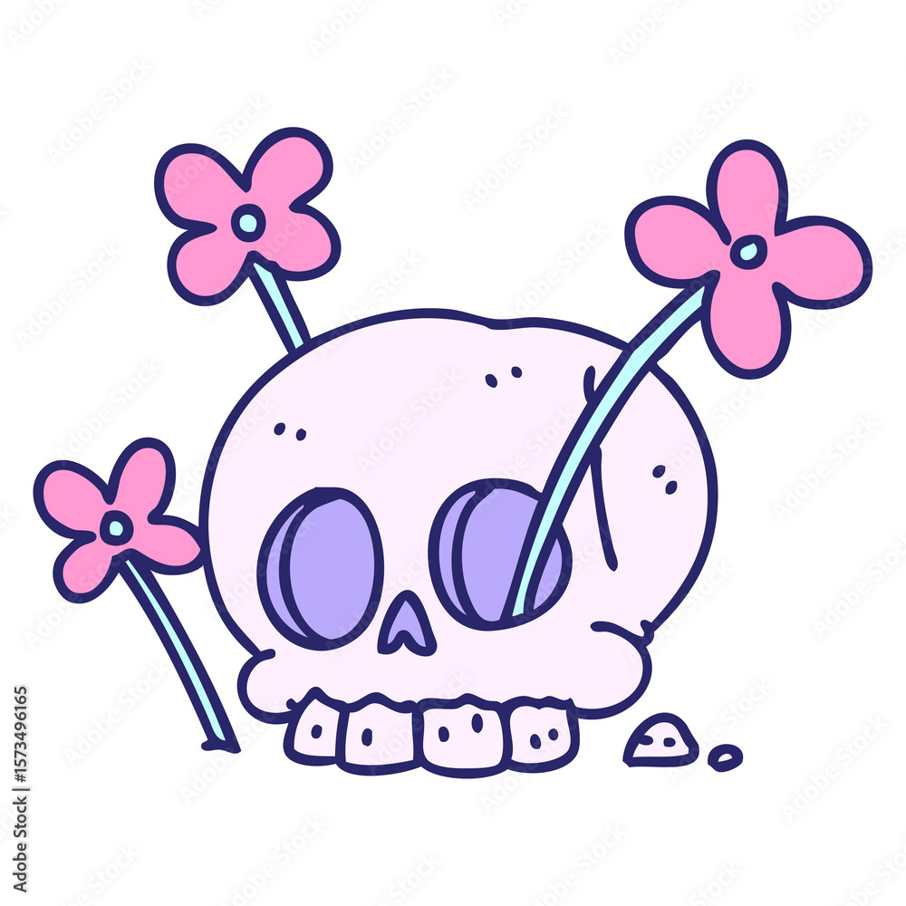 Fototapeta premium cartoon of a skull with flowers growing in bright neon color
