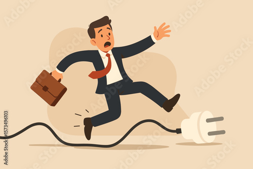 Clumsy businessman tripping over power cable, accident, workplace hazard, business failure, mistake, risk, danger, stress, surprise problem, office safety concept illustration