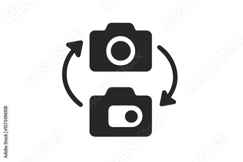 Camera change icon. Switch between front and back camera symbol. Rotate or flip camera for selfie view. Mobile phone application UI element. Vector graphic illustration.