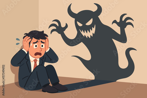 Fear, anxiety, panic attack, business stress, depression, dread, worry, mental health crisis, nightmare suffering, troubled businessman, psychological distress, concept