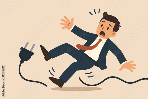Clumsy businessman tripping over power cable, workplace accident, business mistake, unexpected problem, danger, risk, safety hazard, falling, electric plug, office mishap