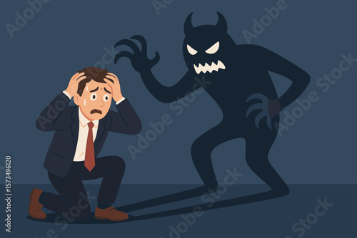Fear anxiety panic attack concept. Businessman in suit overwhelmed by stress, dread, worry, depression, nightmare, mental health crisis, shadow monster, psychological pressure