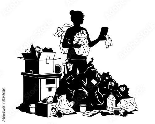 Black and white graphic shows a woman amidst clutter, highlighting hoarding issues and excessive waste in a minimalistic style.