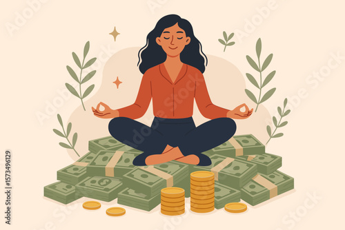 Financial wellbeing, wealth accumulation, money management, investment, savings, successful woman meditating in lotus pose on cash, income growth, prosperity, financial success