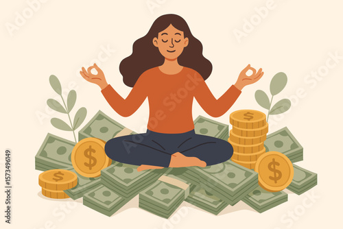 Woman Meditating in Lotus Pose Surrounded by Money, Wealth, Coins, Cash, Financial Wellbeing, Money Management, Investment, Savings, Income, Wealth Accumulation Concept