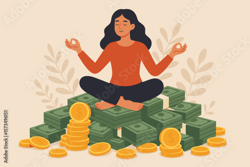 Financial wellness meditation concept. Woman in lotus pose on cash and coins. Wealth accumulation, money management, investment, savings, income, salary, success, prosperity, mindfulness