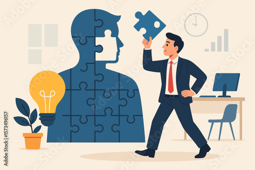 Businessman Solving Puzzle for Success, Finding Missing Piece, Career Growth, Innovation, Self-Improvement, Workplace Challenge, New Idea, Inspiration, Problem Solving Concept