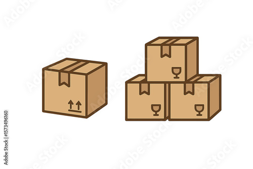 Cardboard box vector icon set. Single closed box and pile of packages. Concept for delivery service, shipping industry, logistics, warehouse storage, e-commerce and moving.