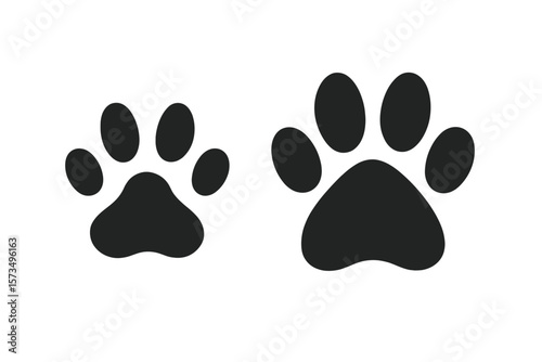 Cat and dog paw print silhouette. Pet footprint icon symbol. Animal track sign isolated on white background. Puppy and kitten friendship concept. Veterinary or pet shop logo design.