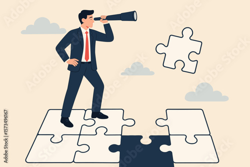 Businessman Searching for Solution, Leadership Vision, Finding Missing Puzzle Piece, Completing Project, Overcoming Challenge, Business Strategy, Success Mission Concept