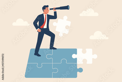 Businessman searching for missing puzzle piece, leadership vision, problem solving, finding solution, completing task, strategy, business challenge, mission success concept
