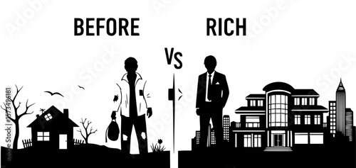 Conceptual illustration portrays wealth contrast, depicting poverty versus affluence and success, financial disparity, and economic status.