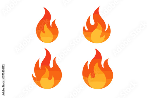 Set of Four Vector Fire Flame Icons. Burning Flame Symbol Collection. Isolated Gradient Fire Elements. Hot Blaze, Heat, Campfire, Bonfire, Energy, Danger, Warning, Emergency, Safety Concept