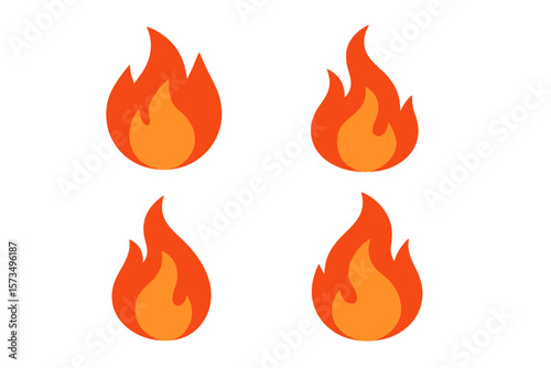 Burning Flame Icon Set. Simple Fire Symbol Collection. Vector Illustration of Red and Orange Flames. Isolated Fire Icons for Emergency, Warning, Heat, Energy, Campfire, Hot, and Safety Concepts