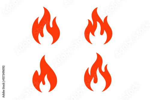 Set of Red Fire Flame Icons. Burning Flame Symbol Collection. Simple Flat Fire Vector Illustration. Hot Heat Sign. Emergency, Safety, Warning, Energy Concept. Isolated on White Background
