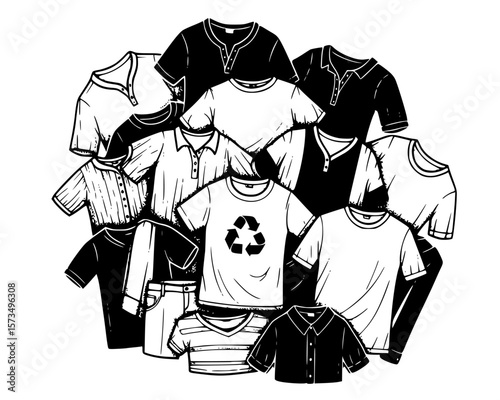 Assorted casual clothing collection shows various tees and tops in black and white line art designs for apparel merchandise.